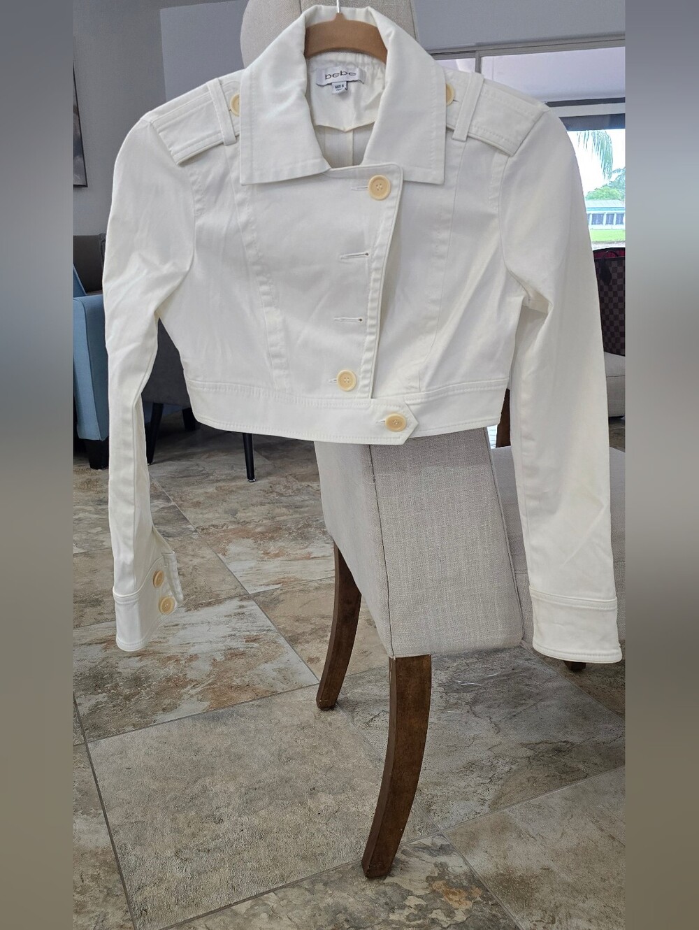 bebe Cropped White Button-Front Jean Jacket